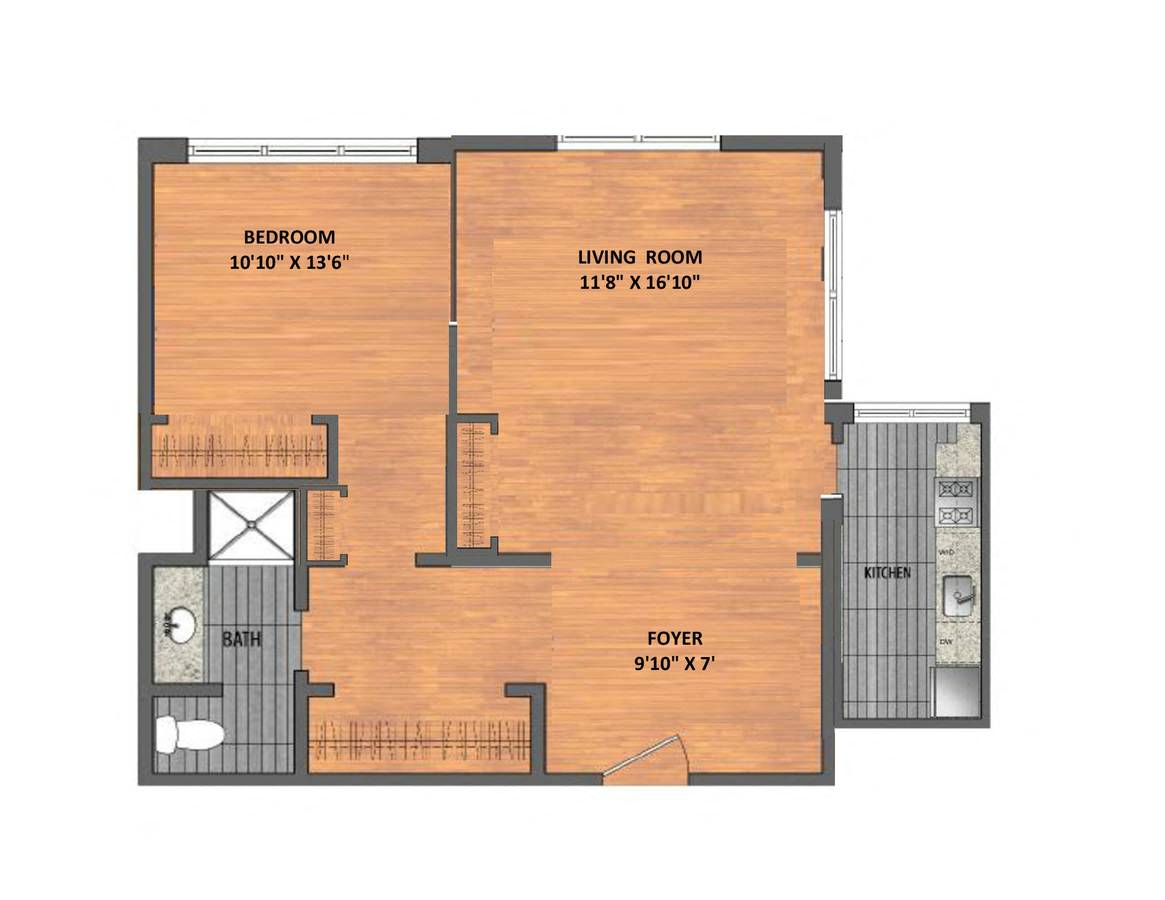 Floor plan for 1 bed, 1 bath, 750 sqft